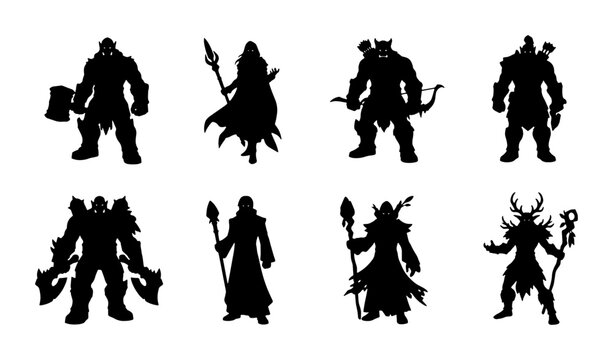 Fantasy Warrior Silhouettes, Orcs and Mages Set, Dark Hero Characters, Mythical Creature Icons