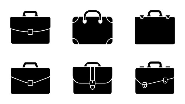 Black Briefcase Icons, Business Luggage Vector Set, Professional Travel Accessories Collection