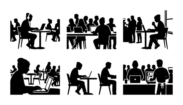 Diverse People Working on Laptops, Collaboration Scenes, Modern Office Life Icons