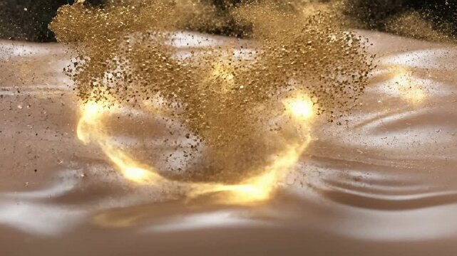 Dynamic Fluid Motion Of Black Particles And Golden Dusts Swirling Together Over Smooth Beige Surface Abstract Visual Effect