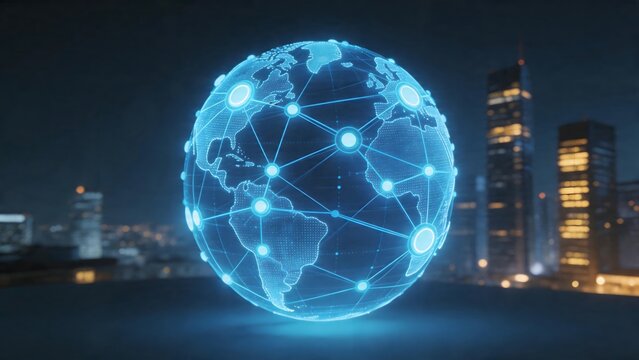 Globe with network connections in cityscape