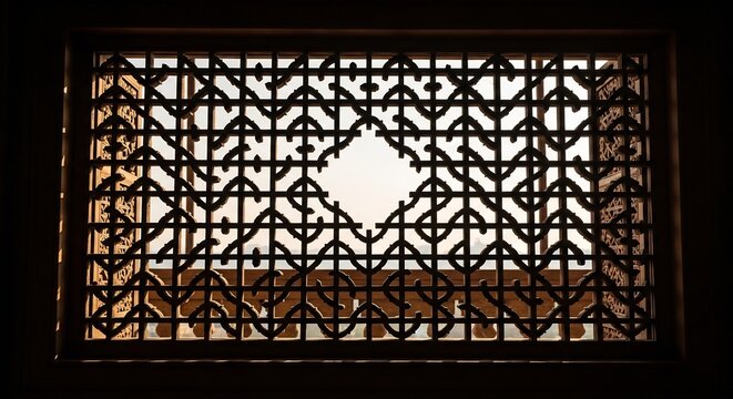 Intricate Geometric Patterned Metal Grille with Central Diamond Shape.