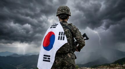 Fototapeta premium Woman soldier in camouflage uniform standing resolute in pouring rain with national flag. South Korean military facing thunderstorm