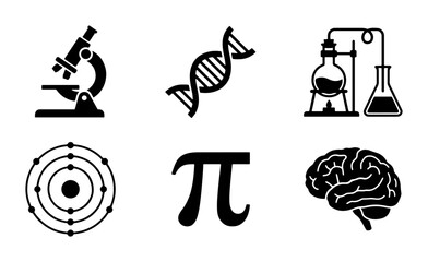 Obraz premium Science Icons: Microscope, DNA, Chemistry Lab, Atom, Pi, Brain, Vector Graphics