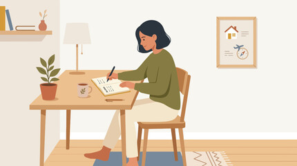 Fototapeta premium Focused woman drawing or writing at a wooden desk with a pen and notebook. EPS Editable. Vector Illustrations.