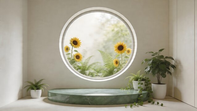 Modern room with sunflowers through round window
