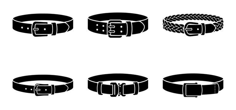Set of 6 Black Leather Belts, Various Buckles, Vector Icons for Fashion and Accessories