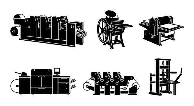 Vintage Printing Press Icons, Industrial Machinery Vector Set, Retro Print Shop Equipment