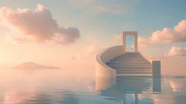 Surreal Dreamlike Stairway And Door Above Calm Water