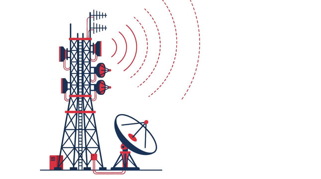 Telecommunication tower with satellite dish emitting radio waves vector illustration. EPS Editable. Vector Illustrations.