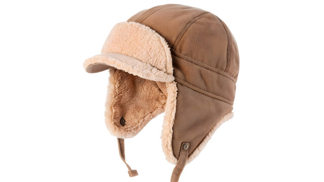A cozy warm winter brown leather trapper hat cap with plush fur lining isolated on transparent background