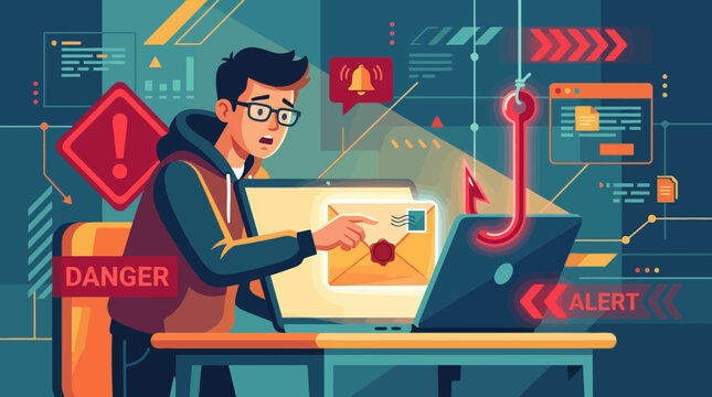 Young man surprised by suspicious email on laptop screen. EPS Editable. Vector Illustrations.