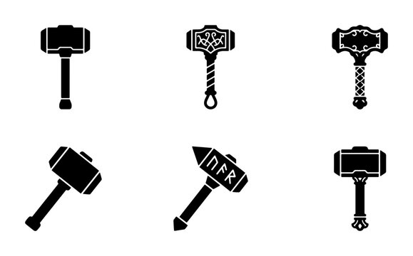 Thor's Hammer Mjolnir Icons, Norse Mythology Symbols, Viking Weapon Vector Graphics