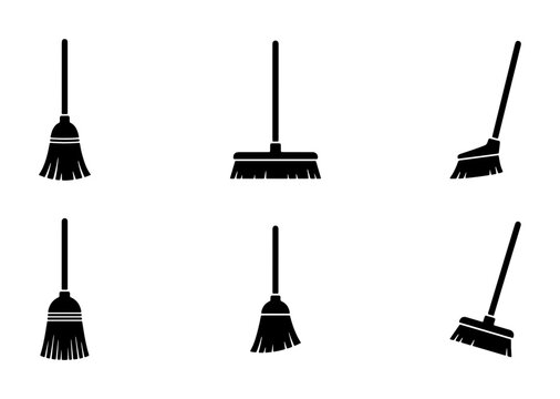 Broom Icons Set, Cleaning Tools Vector Graphics, Household Supplies Silhouettes for Hygiene