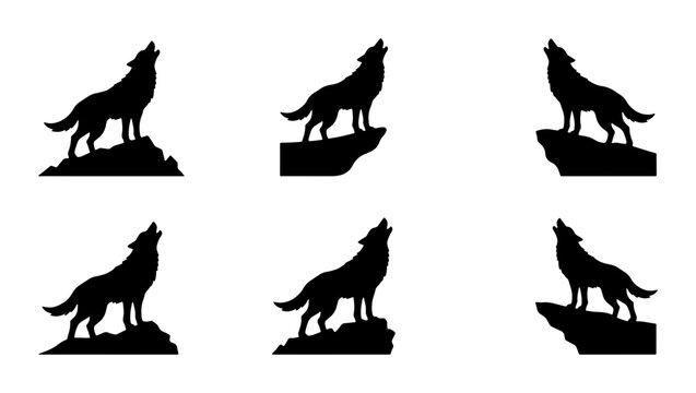 Wolf Silhouette Icons, Howling Animal Vector Graphics, Wild Canine Set, Nature Wildlife Design Elements