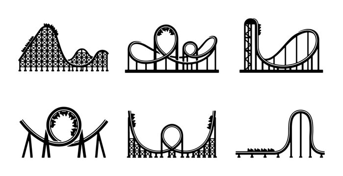 Roller Coaster Icons, Amusement Park Rides, Thrill Rides, Vector Set