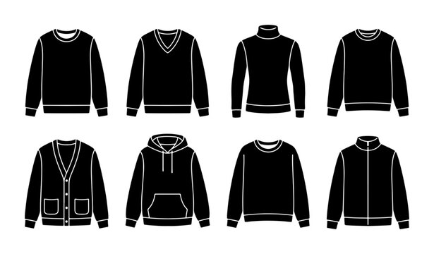 Black Apparel Icons: Sweatshirts, Hoodies, Cardigans, Jackets, Vector Set