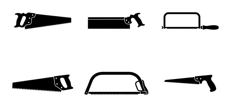 Set of Six Black Saw Icons, Hand Tools for Woodworking and Construction
