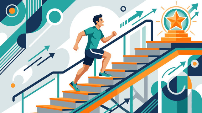Determined man ascending stairs striving for success and personal achievement. EPS Editable. Vector Illustrations.