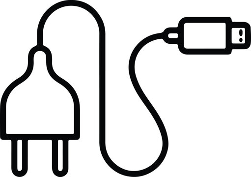 Minimalist black and white line art illustration of an electric power plug and USB charging cable for technology concepts