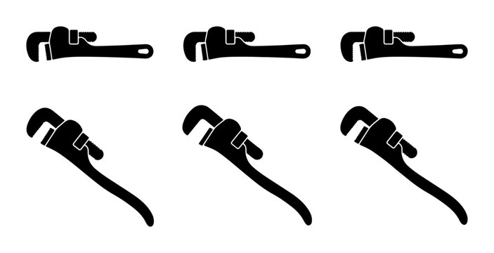 Pipe Wrench Icons Set, Plumbing Tool Vector Graphics, Adjustable Spanner Silhouettes for Industry