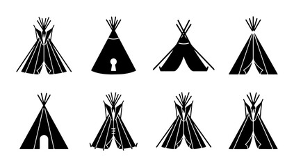 Native American Teepee Icons, Tribal Dwelling Silhouettes, Indigenous Shelter Vector Set © sogir