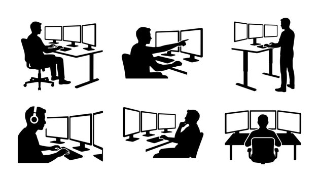 Office Worker Silhouettes, Multiple Monitors, Desk Setup Icons, Business Workflow Vector Graphics