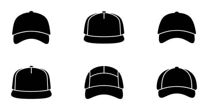 Six Black Baseball Cap Icons, Simple Silhouette Headwear Vector Set, Casual Fashion Accessories Collection