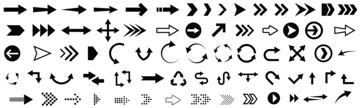 Directional arrow icon collection with hand drawn doodle arrows, curved navigation symbols, swirl pointer shapes, sketch movement signs, route guidance icons and abstract flow direction elements