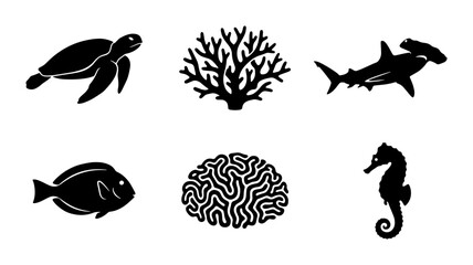 Marine Life Icons Set: Sea Turtle, Hammerhead Shark, Seahorse, Fish, Coral Reefs © Emon
