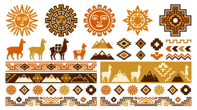 Inca sun ornament vector set with sun face symbols, stepped borders, llama shapes, mountains and decorative textile elements