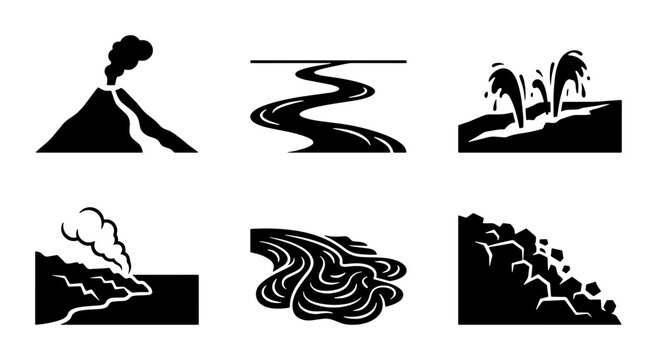 Natural Disaster Icons: Volcano, River, Geyser, Landslide, Tsunami, Mudslide Vector Set