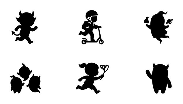 Playful Monster Silhouettes, Kid on Scooter, Children Playing, Vector Icons Set