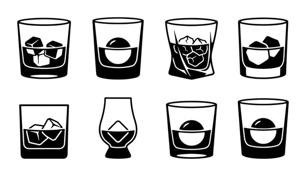 Whiskey Glass Icons Set, Various Styles, Rocks Glass, Tumbler, Scotch Glass, Alcohol Drinks