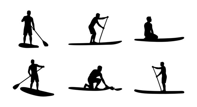 Stand Up Paddleboard Silhouettes, SUP Poses Vector Set, Water Sports Action Icons