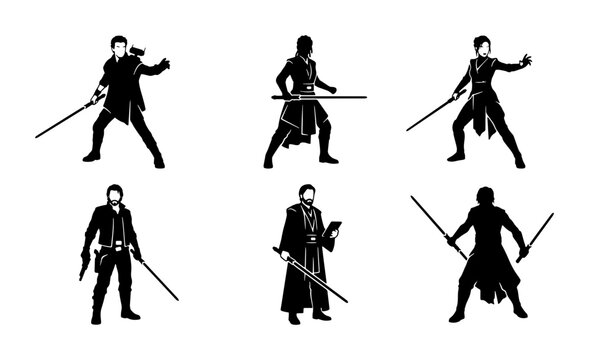 Sci-Fi Warrior Silhouettes, Futuristic Fighter Poses, Fantasy Combatant Icons, Jedi Knight Vector Set