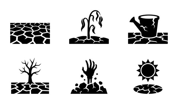 Drought Icons: Cracked Earth, Dead Tree, Wilting Plant, Watering Can, Sun, Zombie Hand