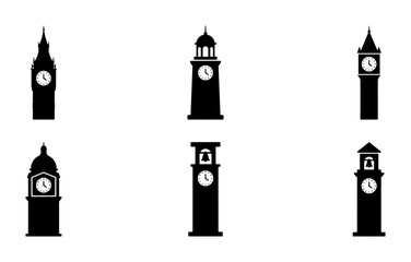 Clock Tower Icons, Silhouette Building Collection, Landmark Timepiece Vector Set, Architectural Elements © Emon