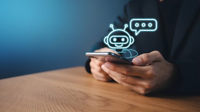 Person in Business Attire Interacting with Chatbot on Smartphone at Desk