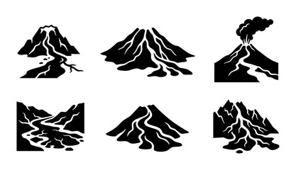 Fototapeta premium Volcano Icons Set, Mountain Landscapes, Lava Flow Vector Graphics, Geological Formations