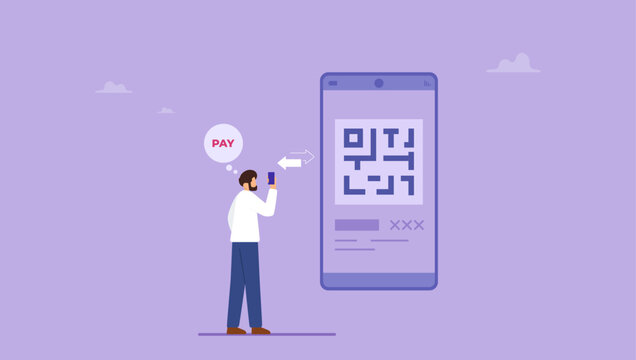 Man holding smartphone to use application for pay with qr code. Use mobile cashless payment system or scan qr code, mobile wireless cashless or contactless payment system concept.