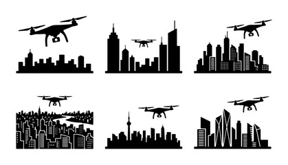 Obraz premium Drone Surveillance Over City Skylines, Aerial View Vector Icons, Modern Urban Landscape Silhouettes