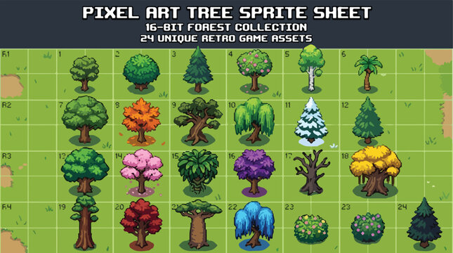 Pixel art tree sprite sheet, 24 unique retro game assets, 16-bit forest collection vector, nature environment icons for video game development