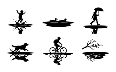 Obraz premium Vector Silhouettes: Child Jumping, Ducks Swimming, Person with Umbrella, Dog Running, Cyclist, Birds on Branch