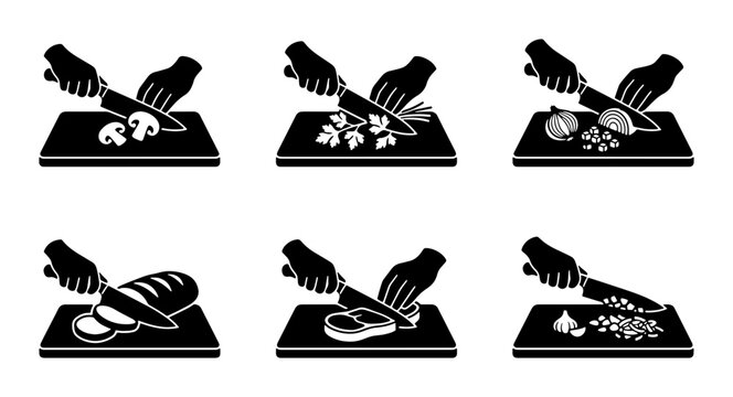 Food Preparation Icons: Chopping Ingredients, Kitchen Actions, Culinary Process, Vector Set