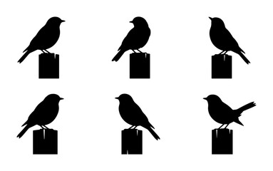 Bird Silhouettes Collection, Small Avian Icons on Wooden Posts, Vector Graphics for Nature and Wildlife Designs © Shahida