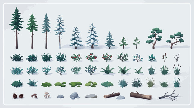 Isometric forest nature kit with 54 vector elements, pine trees and winter shrubs, realistic woodland vegetation for landscape design and game assets