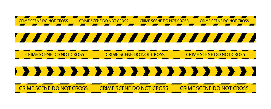Seamless crime scene boundary lines with caution text. Do not cross yellow black tape. Set of warning bands for work zones. Barrier tapes for danger places. Danger ribbons. Vector illustration.