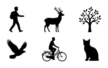 Fototapeta premium Silhouette Icons: Deer, Cyclist, Hiker, Eagle, Cat, Tree, Nature & Outdoor Vector Set