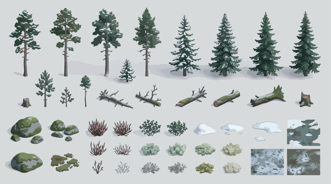 Isometric forest environment kit, vector pine trees and winter foliage collection, realistic woodland landscape elements with snow and mossy rocks